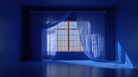 A serene blue room featuring sheer curtains billowing with a gentle breeze, illuminated by warm sunlight streaming through a large window.の素材
