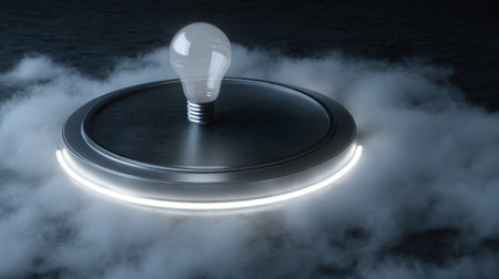 A striking composition featuring a light bulb resting on a sleek metallic base, enveloped in swirling fog and illuminated by a soft glow.の素材