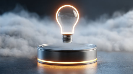 This captivating image features a light bulb hovering above a metallic base in a foggy atmosphere. It symbolizes creativity and innovation, highlighting modern design aesthetics.の素材