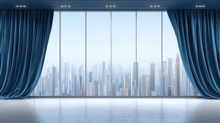 A sleek office space featuring large glass windows that showcase a stunning urban skyline. Elegant blue curtains frame the view, enhancing modern decor.の素材