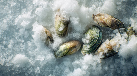 A beautiful arrangement of fresh shellfish displayed on ice, showcasing natural colors and textures, ideal for culinary themes and seafood presentations.の素材