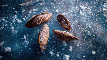 This image features fresh mussels arranged on ice, capturing their natural beauty and texture against a rustic background, ideal for culinary and food projects.の素材