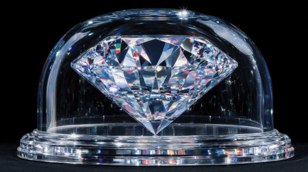 A breathtaking cut diamond rests beneath a glass dome, capturing light and reflections to enhance its brilliance and clarity, symbolizing luxury.の素材