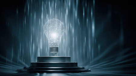 A surreal composition showcasing a glowing light bulb surrounded by a cascade of shimmering water droplets, creating a dreamlike atmosphere and captivating visuals.の素材