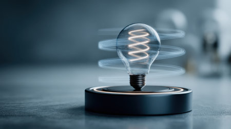 A captivating light bulb spins gracefully, creating glowing patterns in a modern setting. This image symbolizes innovation and creativity in energy design.の素材