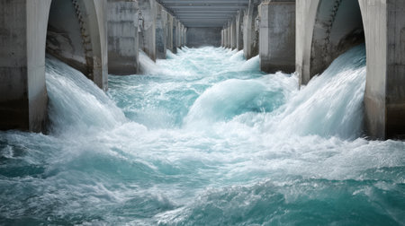 This captivating image features dynamic water flow captured through concrete arches in an urban setting, showcasing the raw energy and beauty of nature.の素材