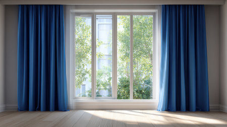 This image showcases a bright and airy room featuring large windows dressed with blue curtains, allowing for abundant natural light and a view of lush greenery outside.の素材