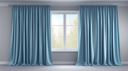 This image showcases elegant light blue curtains draped gracefully around a bright window, illuminating the room with natural light and creating a serene atmosphere.の素材