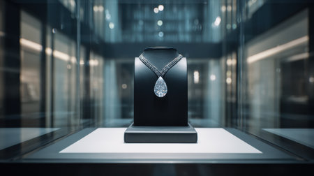 A stunning diamond necklace featuring a teardrop pendant showcased in an upscale jewelry store, illuminated by soft lighting that accentuates its brilliance.の素材