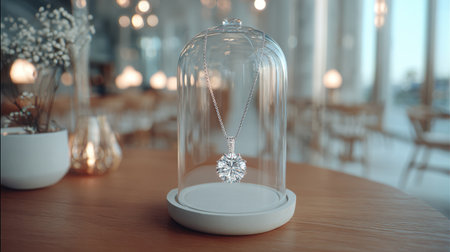 This image showcases a stunning diamond pendant necklace elegantly displayed under a glass dome, set against a modern interior with soft ambient lighting.の素材