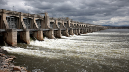 The image depicts a hydroelectric dam stretching across a turbulent river, showcasing powerful water flow through its gates, under a dramatic, cloudy sky.の素材