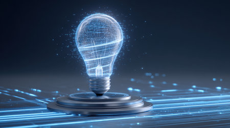 This striking image features a futuristic light bulb with digital elements, symbolizing innovation and creativity in technology. The design captures the bright energy and dynamic ideas in a modern aesthetic.の素材