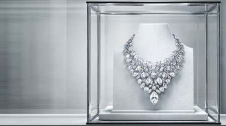 Stunning diamond necklace displayed in a glass showcase, highlighting its intricate design and brilliance against a soft, neutral background. Perfect for luxury promotions.の素材
