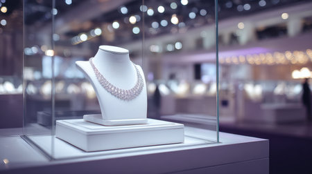 This captivating image features an exquisite diamond necklace elegantly displayed in a modern jewelry store. The luxurious accessories are beautifully arranged, highlighting their craftsmanship and creating an upscale ambiance. Perfect for those seeking inspiration in the jewelry sector.の素材