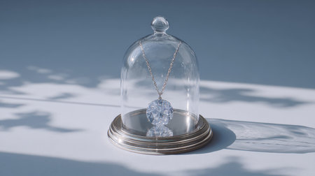 This captivating image showcases an elegant diamond necklace under a glass dome, emphasizing its luxurious brilliance and sophisticated design against a soft background.の素材
