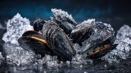 Beautifully arranged blue mussels on crushed ice create an appealing visual for seafood presentations. Perfect for culinary artwork and food photography.の素材