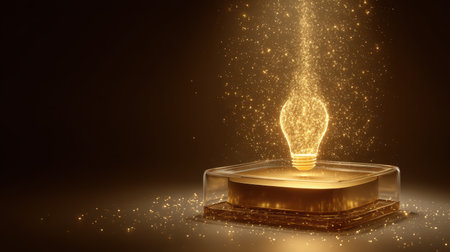 This captivating image showcases a light bulb emanating sparkling gold particles, symbolizing creativity and inspiration against a dark backdrop. Perfect for innovation themes.の素材