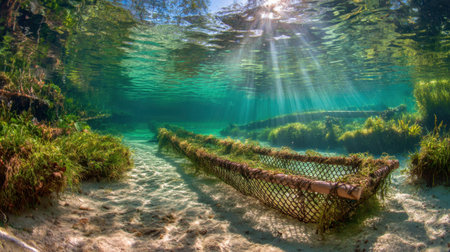 This captivating underwater scene showcases sunlight rays filtering through clear blue water, illuminating fishing traps surrounded by vibrant aquatic plants, inviting exploration.の素材