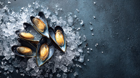 This image showcases a stunning arrangement of fresh mussels sitting on a bed of ice, perfect for culinary creations or seafood dishes.の素材