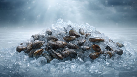 A stunning arrangement of fresh shellfish surrounded by ice, beautifully lit to enhance the natural textures and colors, ideal for culinary inspiration.の素材