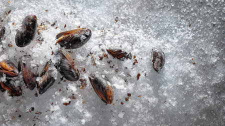 Close-up of fresh mussels nestled in sea salt, exemplifying a natural seafood delicacy ideal for culinary creations, food photography, and gourmet styling.の素材