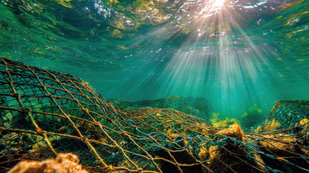 A captivating underwater scene showcases sun rays piercing through the water, illuminating a fishing net entangled with vibrant algae and seaweed.の素材