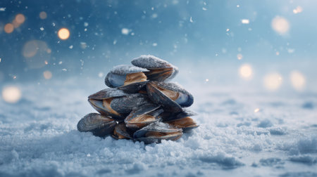 A captivating image of fresh mussels artfully stacked on a snowy surface, set against a dreamy winter background of soft bokeh lights, evoking a serene atmosphere.の素材