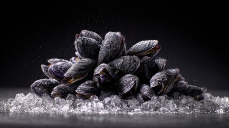 Stunning arrangement of fresh shellfish with ice, captured on a dark background. Ideal for food lovers, chefs, and culinary websites focusing on seafood themes.の素材