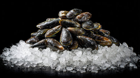 A stunning display of fresh mussels arranged beautifully on a bed of crushed ice and sea salt, perfect for a culinary presentation or seafood feast.の素材