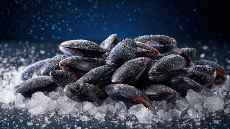 This stunning image showcases fresh shellfish, specifically mussels, resting on crushed ice against a dramatic dark background, highlighting textures.の素材
