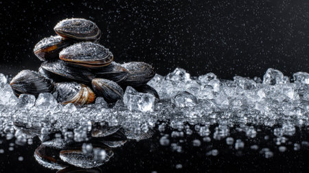 A stunning composition showcasing fresh shellfish arranged on ice, with sparkling water droplets enhancing the visual appeal against a dark background.の素材
