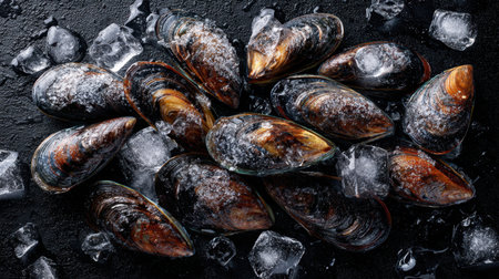 High-quality image of fresh raw mussels arranged on crushed ice. Perfect for seafood recipes, culinary presentations, or restaurant menus showcasing ocean flavors.の素材