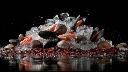 A stunning display of fresh seafood on a bed of ice, showcasing shrimp, clams, and mussels with vivid colors and reflectionsの素材