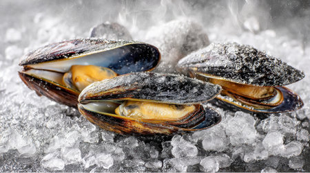 Three mussels sit artistically arranged on a bed of ice, showcasing their shimmering shells and fresh interiors, making them perfect for culinary projects.の素材