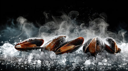 Discover the beauty of fresh shellfish delicately arranged on a bed of ice, with steam rising, perfect for culinary presentations and food photography.の素材