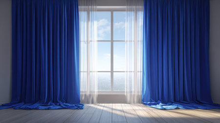 Bright and airy interior featuring elegant blue curtains framing a window with a stunning ocean view, illuminated by soft natural light.の素材