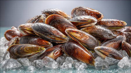 A visually striking close-up of freshly harvested mussels displayed on a bed of ice, highlighting their glossy shells and natural beauty in a studio setting.の素材