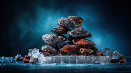 This striking image features a beautifully arranged stack of fresh shellfish on a bed of ice, set against a dark atmospheric background, perfect for culinary inspiration.の素材
