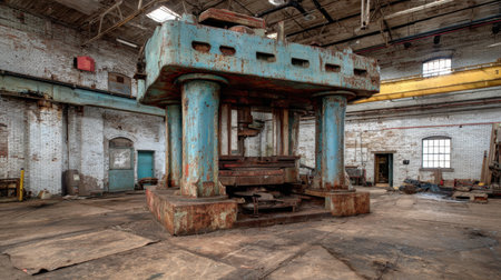 This image features a rusty industrial press machine located in an abandoned factory setting. The weathered walls and neglected space highlight the passage of time in this once-bustling work environment.の素材