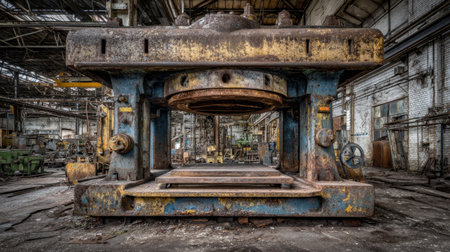 A detailed view of an abandoned factory featuring old, rusty machinery. The environment showcases the decay and history of industrial manufacturing.の素材