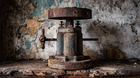 This image features a rusty industrial machine part set against a backdrop of peeling walls, embodying a vintage aesthetic and the essence of decay.の素材