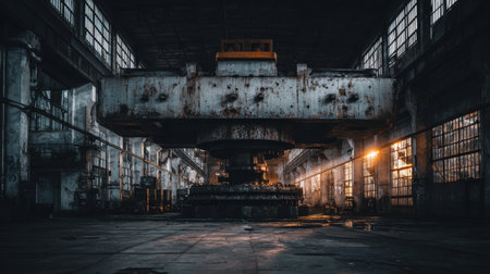 This striking image captures the essence of an abandoned industrial warehouse, featuring rusty machinery and atmospheric lighting. The decay and shadows create a haunting scene filled with history, perfect for evocative storytelling in urban exploration projects.の素材