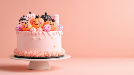 A charming Halloween-inspired cake features adorable pumpkin and ghost decorations atop a pastel pink background, perfect for any festive celebration.の素材