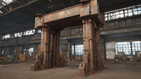 This image captures the haunting beauty of an abandoned industrial factory, showcasing a large rusty steel structure in a dilapidated building filled with natural light.の素材