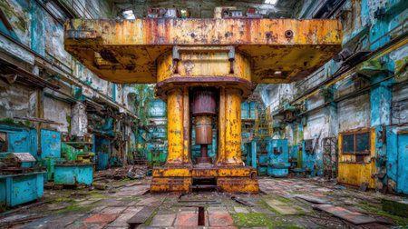 This striking image captures a decaying industrial workshop with a massive rusty machine as the focal point, surrounded by crumbling walls and lush overgrowth.の素材