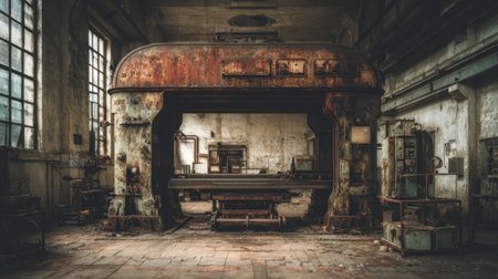 A haunting view of an abandoned industrial workshop revealing rusty machinery surrounded by signs of decay. The atmospheric lighting highlights the vintage details.の素材