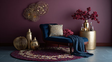 A tranquil living room setting featuring a rich blue chair surrounded by golden accents, floral decorations, and plush textiles, enhancing comfort and style.の素材