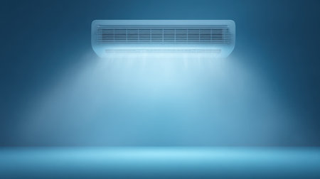 A sleek air conditioning unit mounted against a blue backdrop, casting a cool light and illustrating modern design, comfort, and climate control technology.の素材