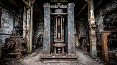 Vintage industrial machine stands in an abandoned workshop filled with weathered tools and equipment, showcasing the history and craftsmanship of a bygone era.の素材