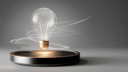 A mesmerizing floating light bulb surrounded by ethereal light trails that creates a captivating ambiance. Ideal for concepts of creativity and innovation.の素材